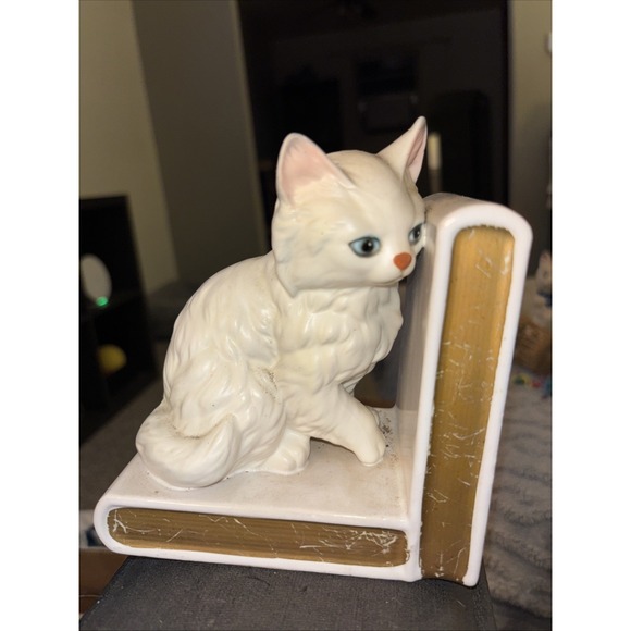 VTG 1960s Cat Bookends White Persian Fluffy Kitty Lefton Japan Ceramic Book Ends - Picture 1 of 6